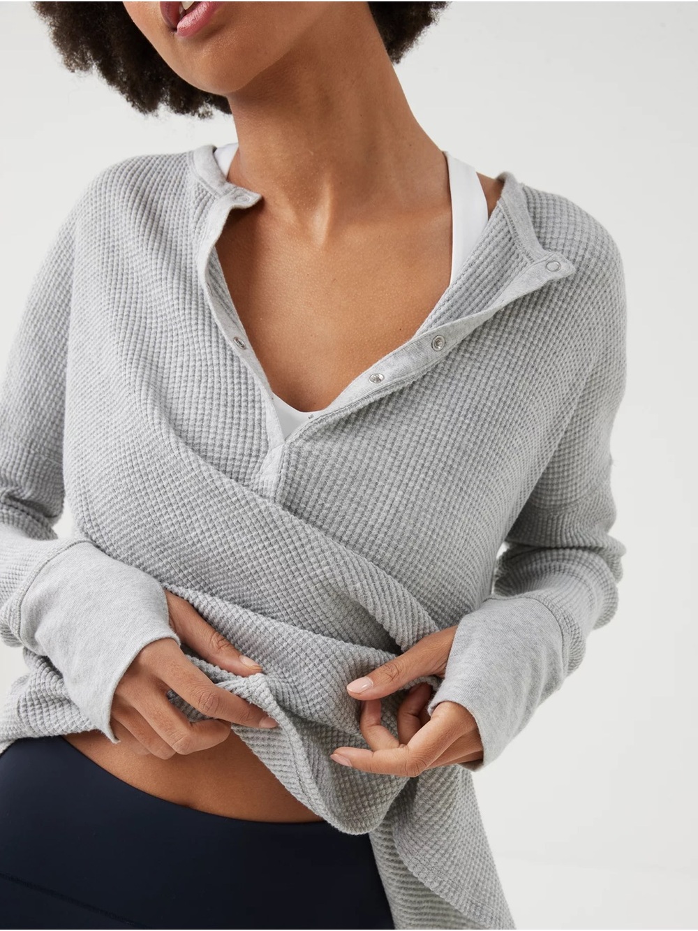Offline by aerie Wow! Waffle Henley Shirt Light Gray Long Sleeve Oversized